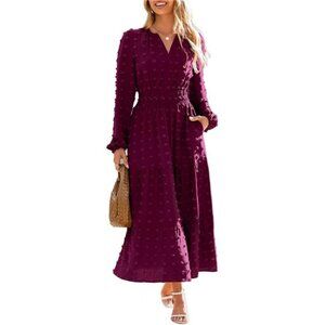 Womens Long Sleeve Dot Maxi Dress with Pockets Burgundy